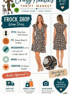 Frock Shop Medallion Geometric Boho True Wrap Dress L Large Rayon Flutter Sleeve